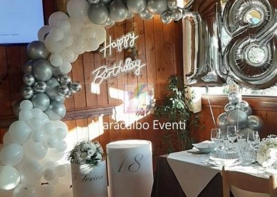 Compleanno 18 anni arco palloncini bianco argento scritta luminosa decorazioni allestimento cilindri diciottesimo